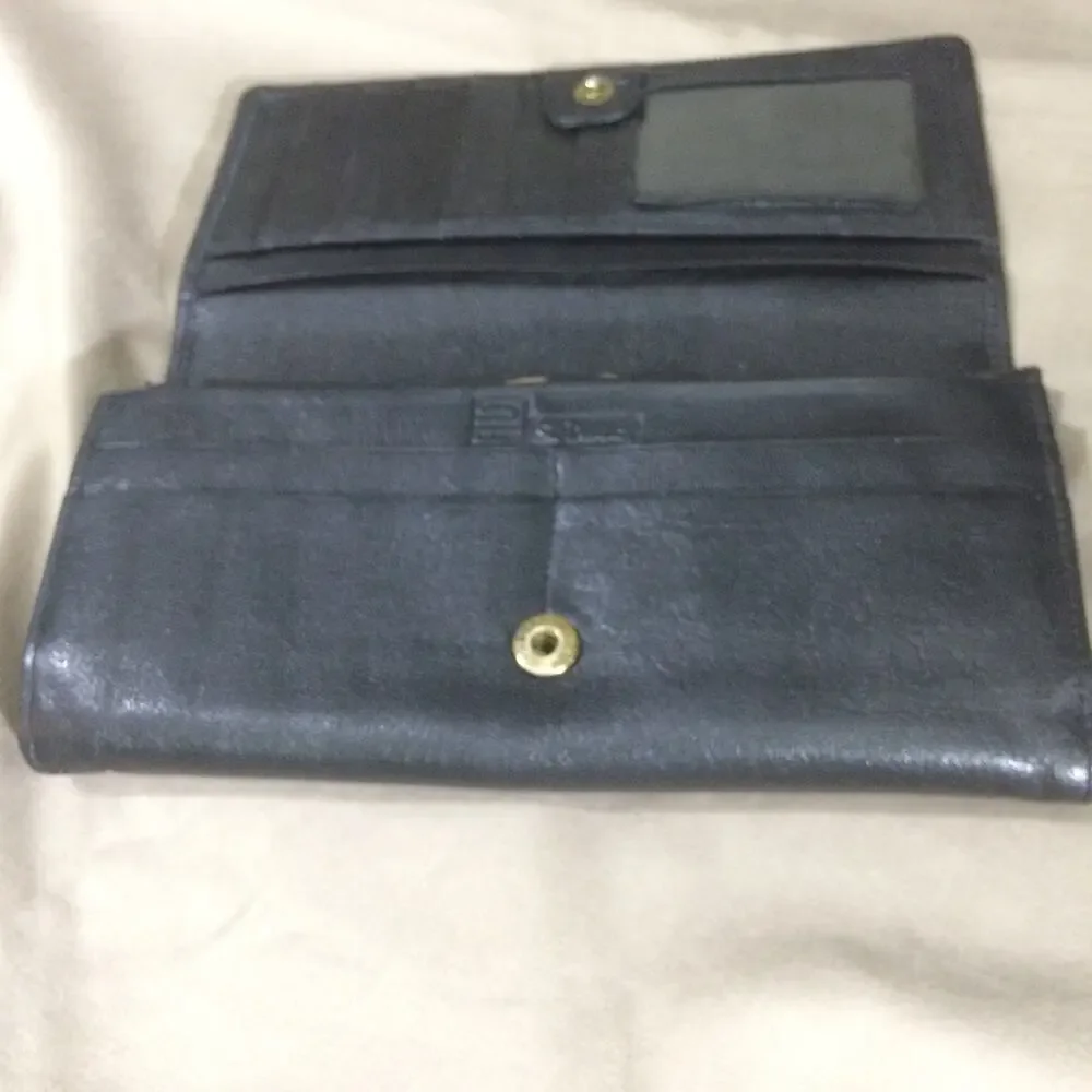 Vintage 90s St Dennis Black Leather Continental Checkbook Wallet Clasp Coin